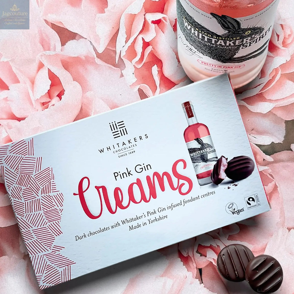 Whitakers dark chocolate covered pink gin fondant creams in carton - Jag Couture Chocolates
