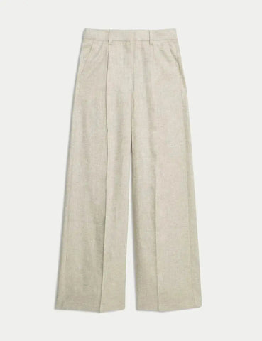 Womens Linen Blend Wide Leg Trousers