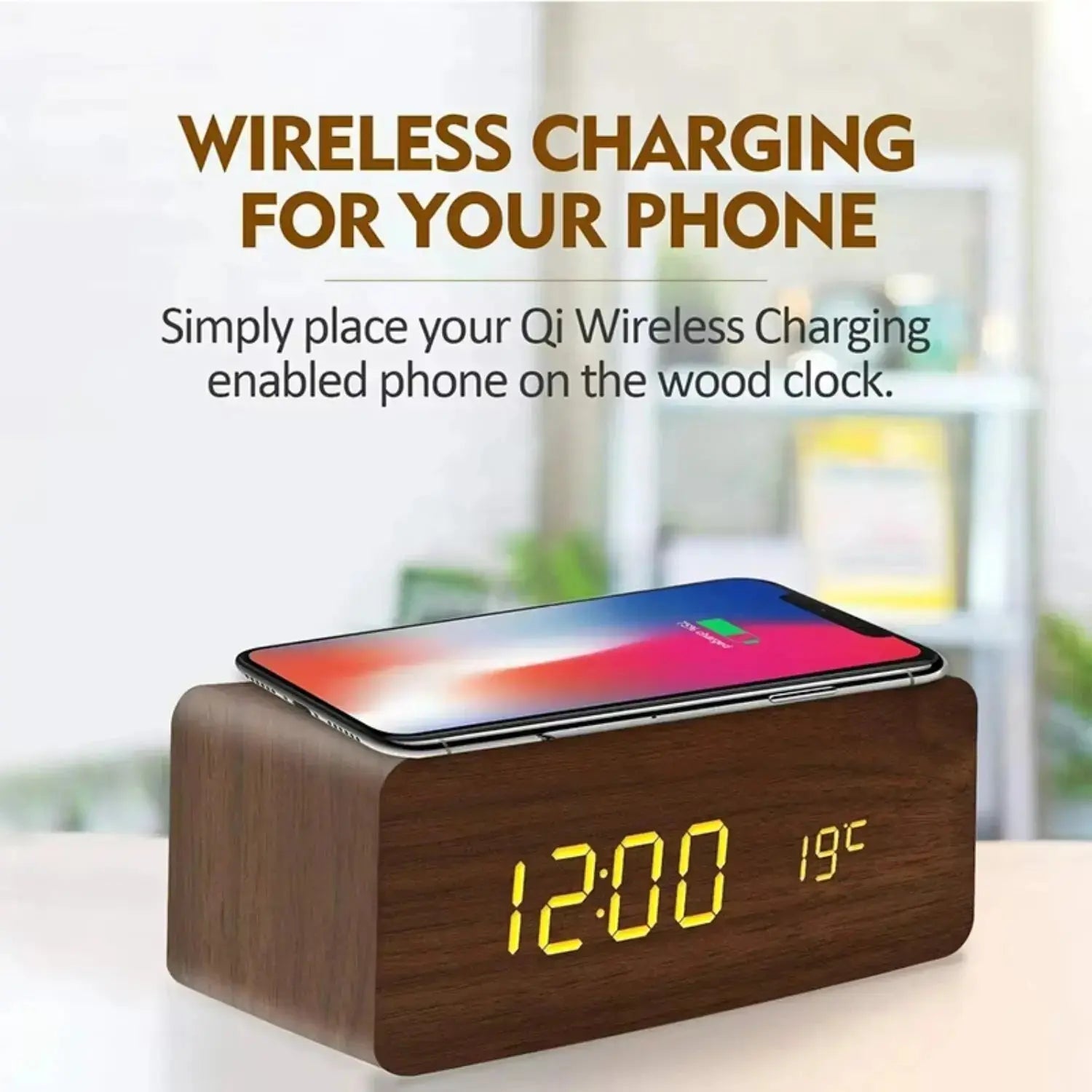 Wooden Digital Alarm Clock with Wireless Charging,  Clock with Time, Date,Temperature, Desk Clocks  Office,Bedside Clock Clock