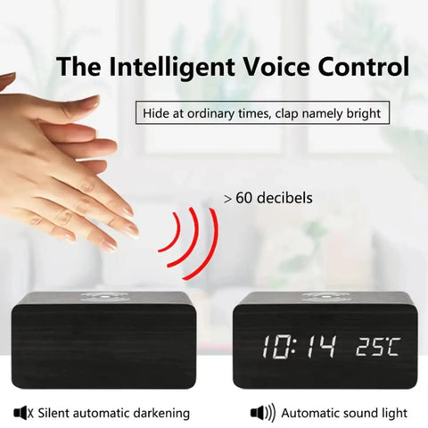 Wooden Digital Alarm Clock with Wireless Charging,  Clock with Time, Date,Temperature, Desk Clocks  Office,Bedside Clock Clock