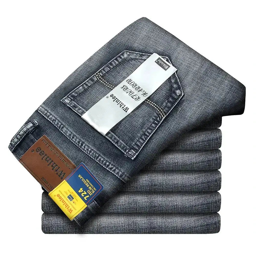Wthinlee Men's Stretch Straight Jeans - Fashionable Classic Blue/Black Business Denim Trousers