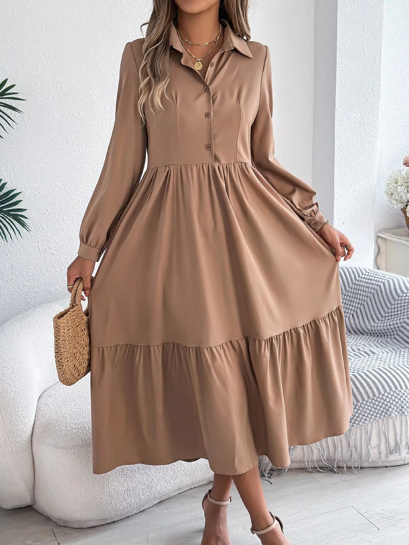 Lapel Casual Loose Long Sleeve Ruffled Shirt Dress