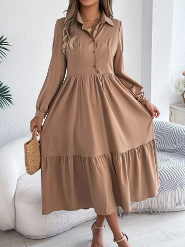 Lapel Casual Loose Long Sleeve Ruffled Shirt Dress