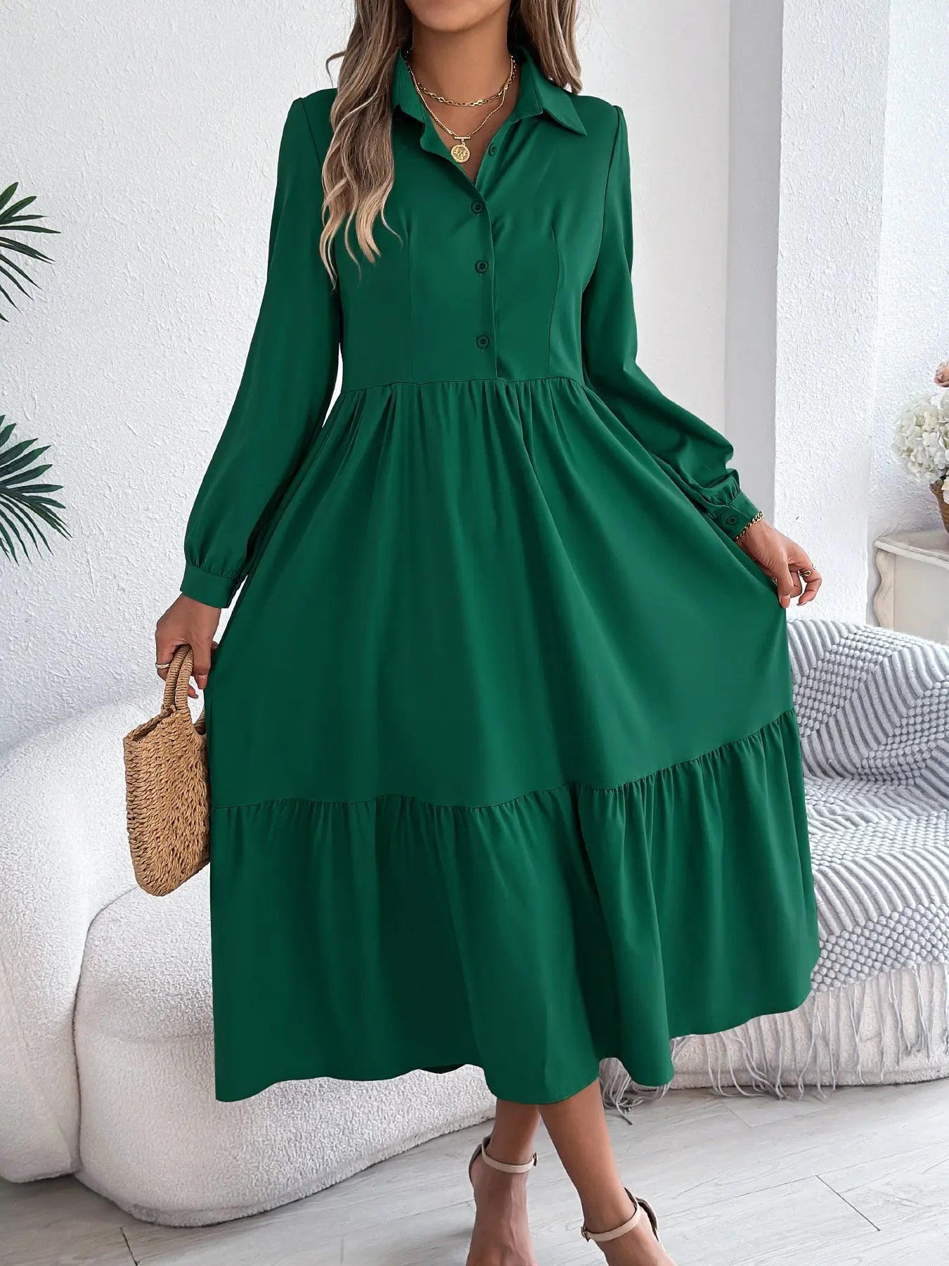 Lapel Casual Loose Long Sleeve Ruffled Shirt Dress