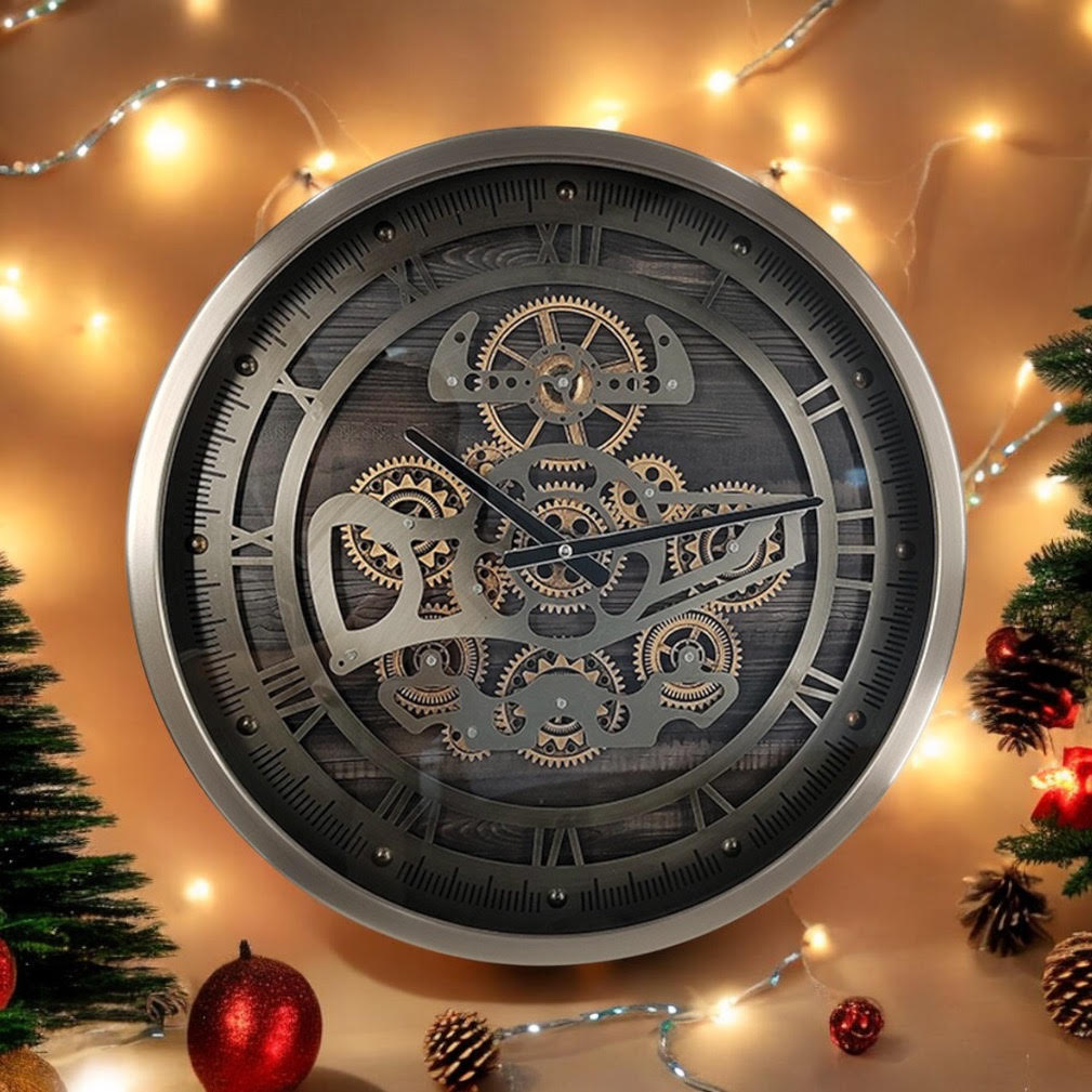 AcaciaHome Premium Moving Gears Wall Clock - Roman Numeral Display, Battery-Operated Quartz Movement Metal with Sleek Finish for Home, Lounge, or Dining Room (Round Black/Silver 46cm)