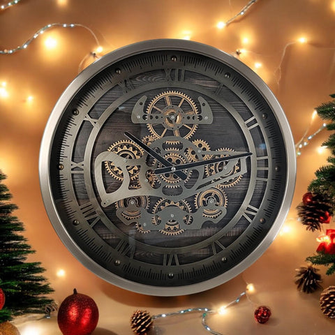 AcaciaHome Premium Moving Gears Wall Clock - Roman Numeral Display, Battery-Operated Quartz Movement Metal with Sleek Finish for Home, Lounge, or Dining Room (Round Black/Silver 46cm)