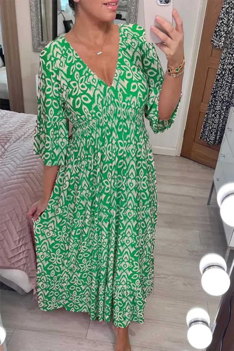 New Plus Size Super Fairy V-neck Floral Dress For Beach Vacation, Loose Long Skirt