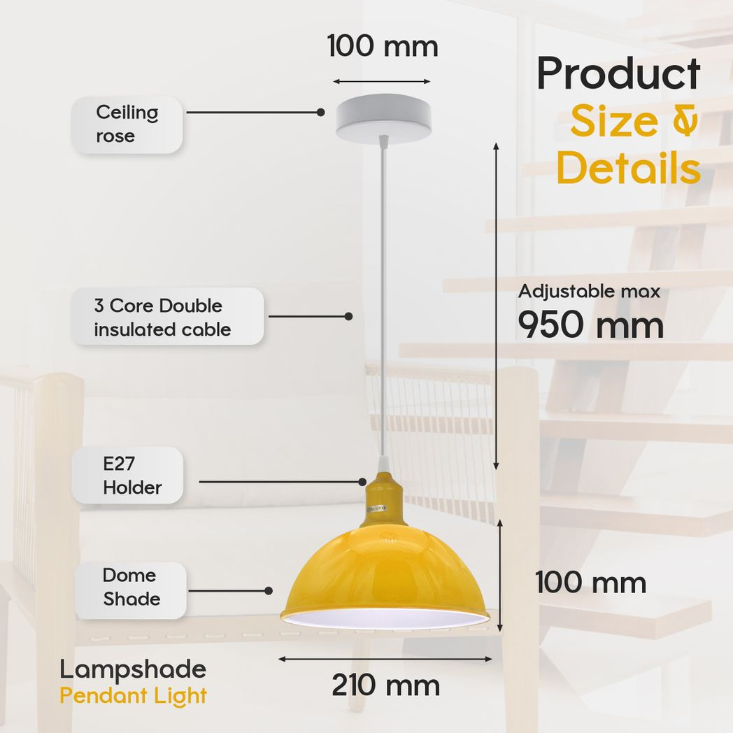 2Pack Dome Shaped Yellow Loft Style  Sturdy Metal Lamp Shade Pendant Lights 21cm Bottom Spray Painted Finish Inner White
