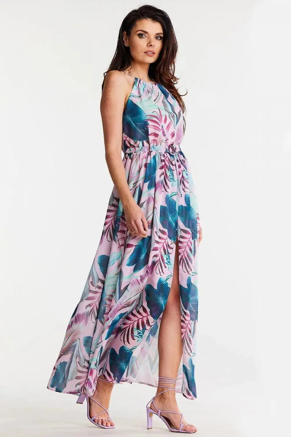 awama long chiffon daydress with elastic lining and thin straps tied at the back