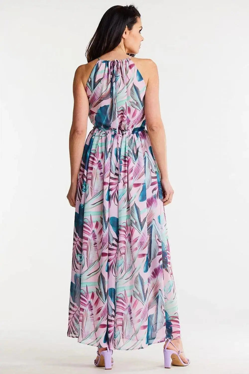 awama long chiffon daydress with elastic lining and thin straps tied at the back