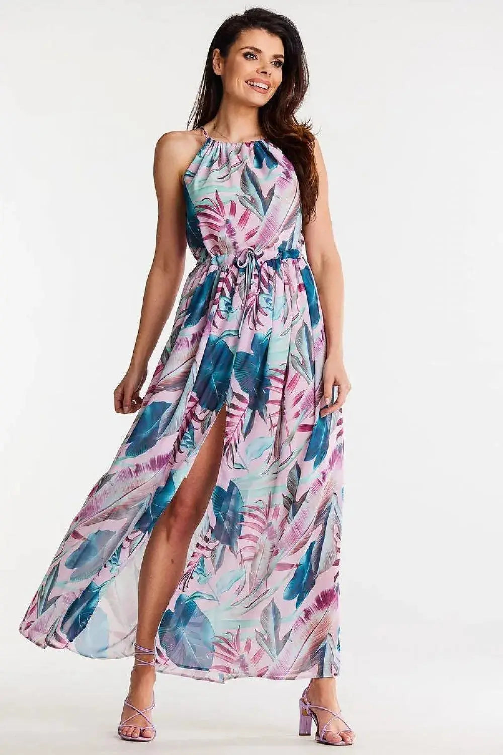 awama long chiffon daydress with elastic lining and thin straps tied at the back