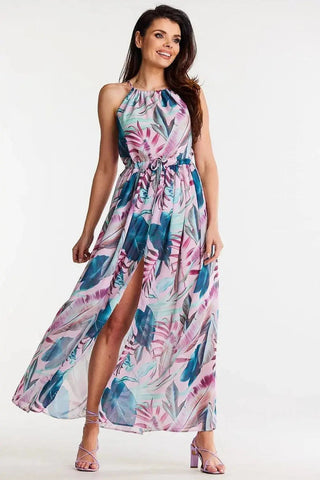 awama long chiffon daydress with elastic lining and thin straps tied at the back