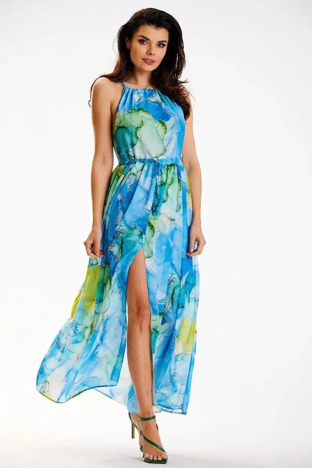 awama long chiffon daydress with elastic lining and thin straps tied at the back