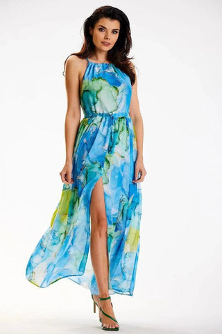 awama long chiffon daydress with elastic lining and thin straps tied at the back