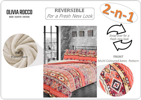 OLIVIA ROCCO Aztec Print Teddy Duvet Set With Reversible Sherpa Fleece Fur Luxurious Winter Comfort Single Double King Sizes