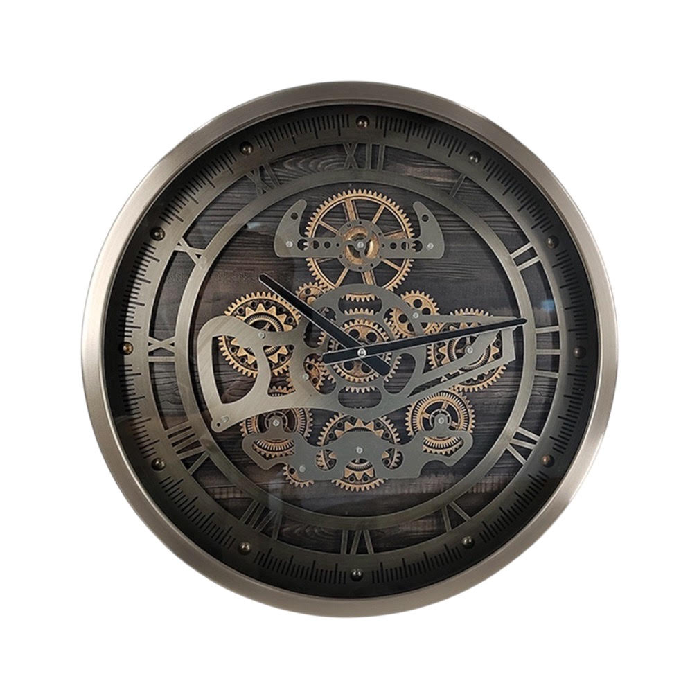 AcaciaHome Premium Moving Gears Wall Clock - Roman Numeral Display, Battery-Operated Quartz Movement Metal with Sleek Finish for Home, Lounge, or Dining Room (Round Black/Silver 46cm)
