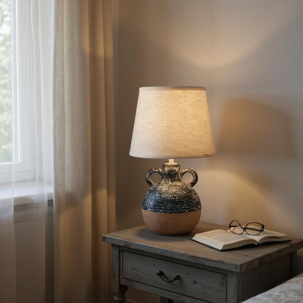 AcaciaHome Ceramic Table Lamp with Rustic Earthen Urn Base and 9" Drum Shade – Stylish and Durable Home Lighting Warm Cozy Ambiance for Bedroom, Living Room, Hallway, or Study (Table Lamp 38CM)