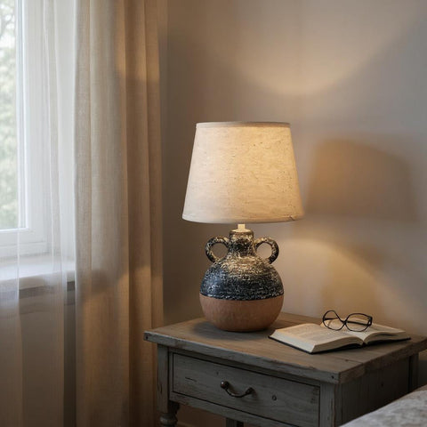 AcaciaHome Ceramic Table Lamp with Rustic Earthen Urn Base and 9" Drum Shade – Stylish and Durable Home Lighting Warm Cozy Ambiance for Bedroom, Living Room, Hallway, or Study (Table Lamp 38CM)
