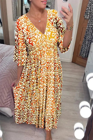 New Plus Size Super Fairy V-neck Floral Dress For Beach Vacation, Loose Long Skirt