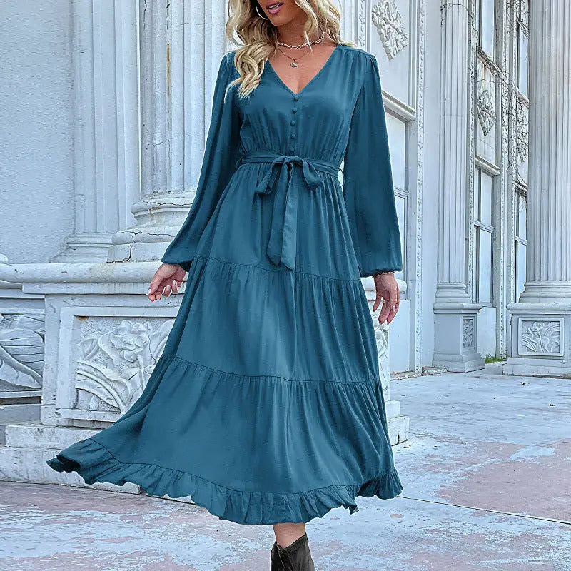 Casual Long Sleeve Solid Color Dress Draping Effect