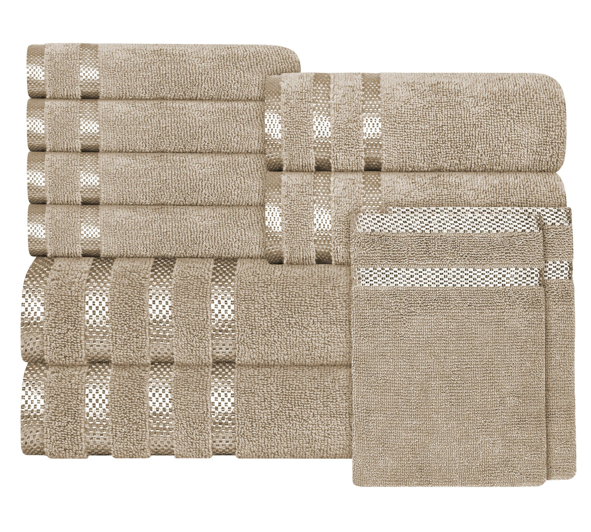 OLIVIA ROCCO Belmont Viscose Stripe Beige Towels 100 Percent Cotton Hotel Quality Super Absorbent 10 Piece Bale Set 4 Hand Towels And 12 Face Cloths