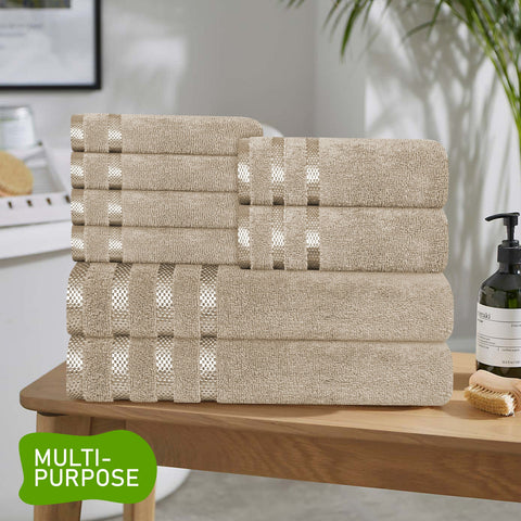 OLIVIA ROCCO Belmont Viscose Stripe Beige Towels 100 Percent Cotton Hotel Quality Super Absorbent 10 Piece Bale Set 4 Hand Towels And 12 Face Cloths
