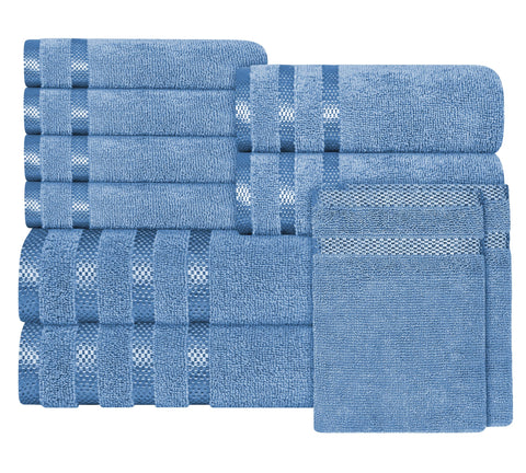 OLIVIA ROCCO Belmont Viscose Stripe Blue Towels 100 Percent Cotton Hotel Quality Super Absorbent 10 Piece Bale Set 4 Hand Towels And 12 Face Cloths
