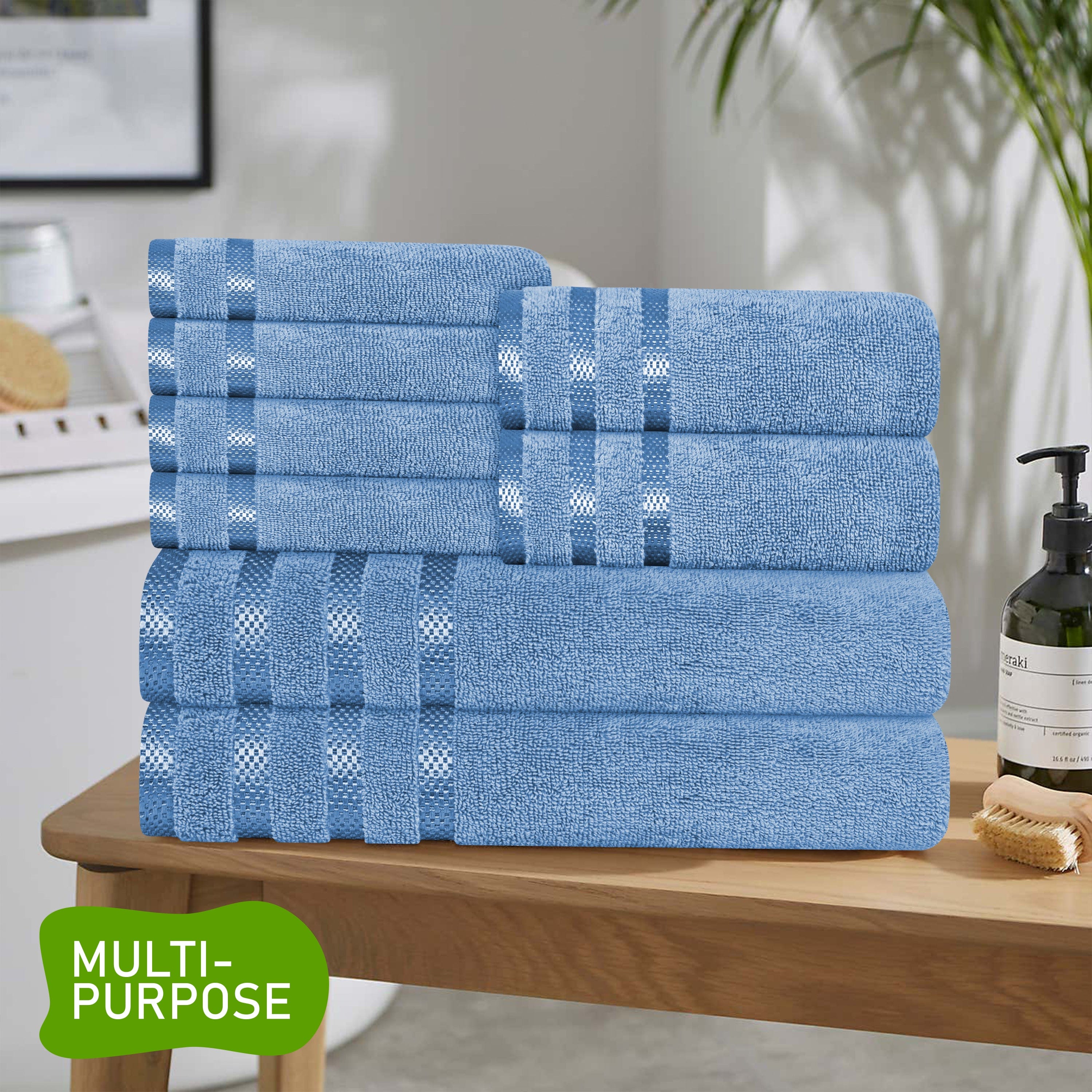 OLIVIA ROCCO Belmont Viscose Stripe Blue Towels 100 Percent Cotton Hotel Quality Super Absorbent 10 Piece Bale Set 4 Hand Towels And 12 Face Cloths