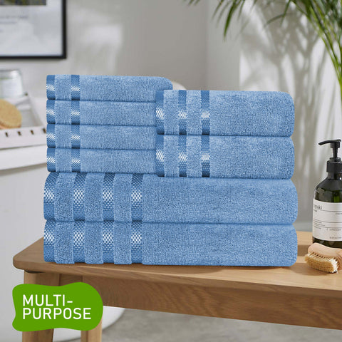 OLIVIA ROCCO Belmont Viscose Stripe Blue Towels 100 Percent Cotton Hotel Quality Super Absorbent 10 Piece Bale Set 4 Hand Towels And 12 Face Cloths