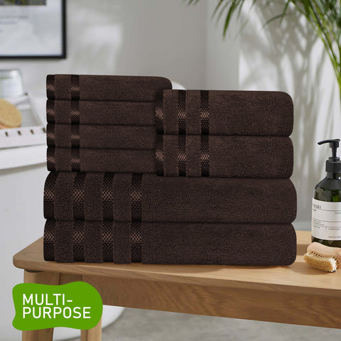 OLIVIA ROCCO Belmont Viscose Stripe Brown Towels 100% Cotton Hotel Quality Super Absorbent 10 Piece Bale Set Includes 4 Hand Towels And 12 Face Cloths