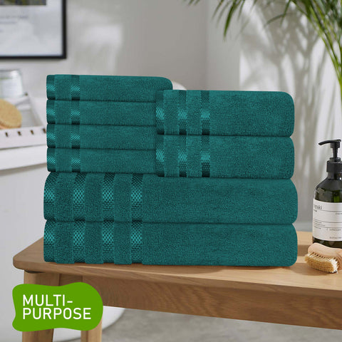 OLIVIA ROCCO Belmont Viscose Stripe Jade Green Towels 100% Cotton Hotel Quality Super Absorbent 10 Piece Bale Set 4 Hand Towels And 12 Face Cloths