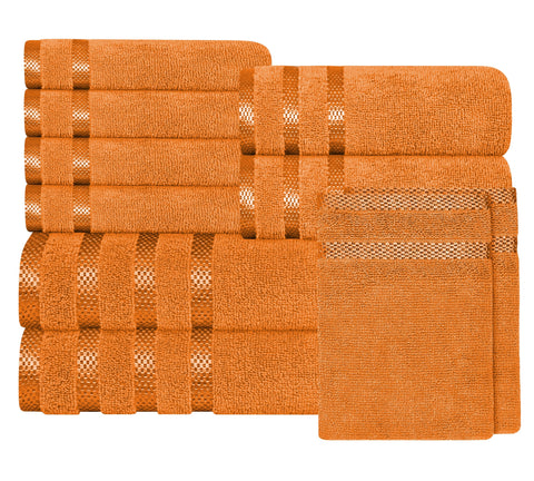 OLIVIA ROCCO Belmont Viscose Stripe Orange Towels 100% Cotton Hotel Quality Super Absorbent 10 Piece Bale Set, 4 Hand Towels