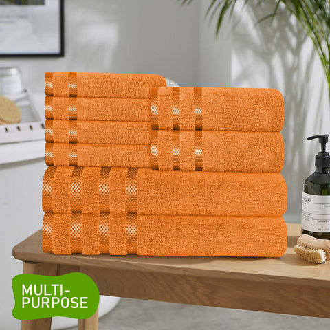 OLIVIA ROCCO Belmont Viscose Stripe Orange Towels 100% Cotton Hotel Quality Super Absorbent 10 Piece Bale Set, 4 Hand Towels