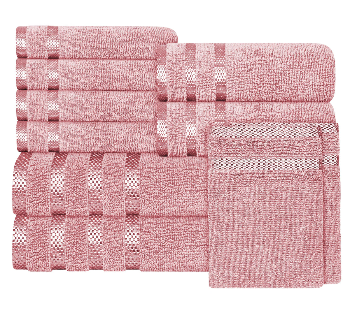 OLIVIA ROCCO Belmont Viscose Stripe Pink Towels 100 Percent Cotton Hotel Quality Super Absorbent 10 Piece Bale Set 4 Hand Towels 12 Face Cloths