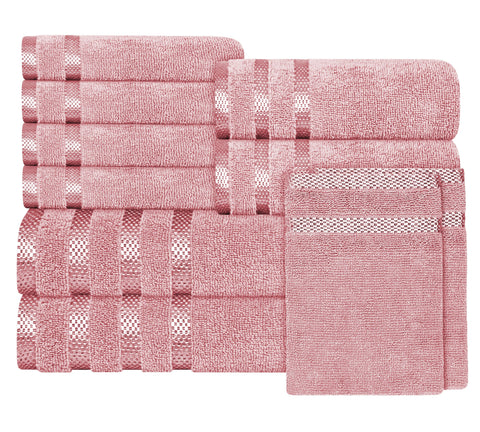 OLIVIA ROCCO Belmont Viscose Stripe Pink Towels 100 Percent Cotton Hotel Quality Super Absorbent 10 Piece Bale Set 4 Hand Towels 12 Face Cloths