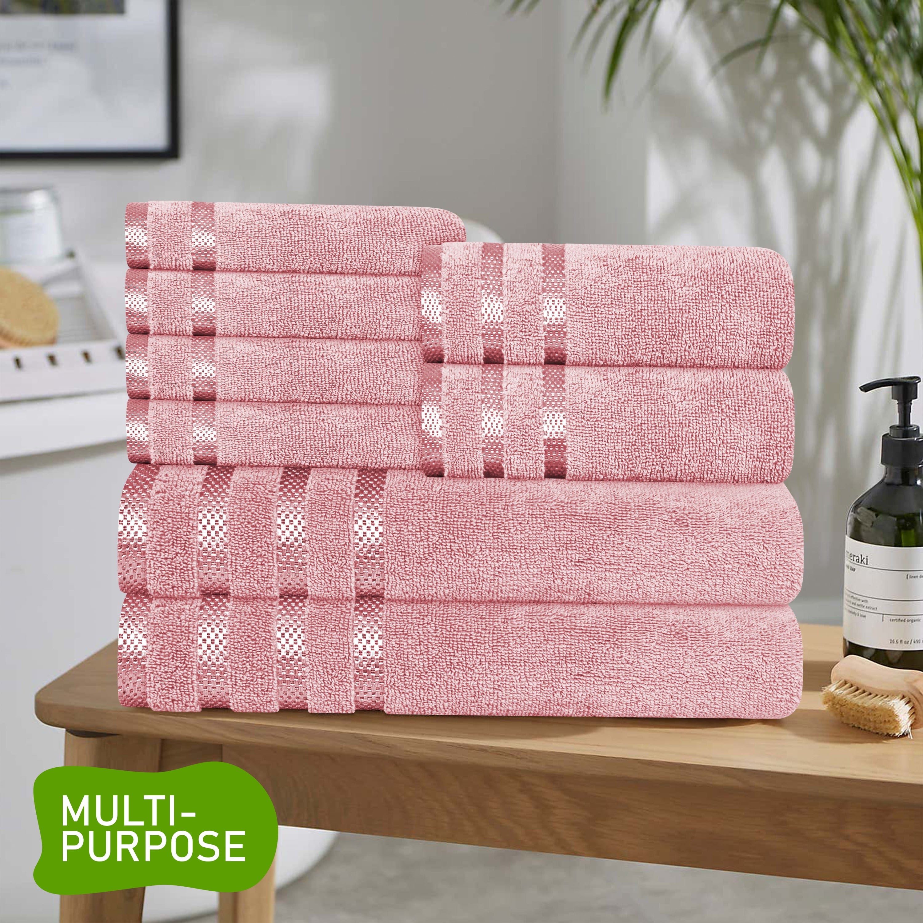 OLIVIA ROCCO Belmont Viscose Stripe Pink Towels 100 Percent Cotton Hotel Quality Super Absorbent 10 Piece Bale Set 4 Hand Towels 12 Face Cloths