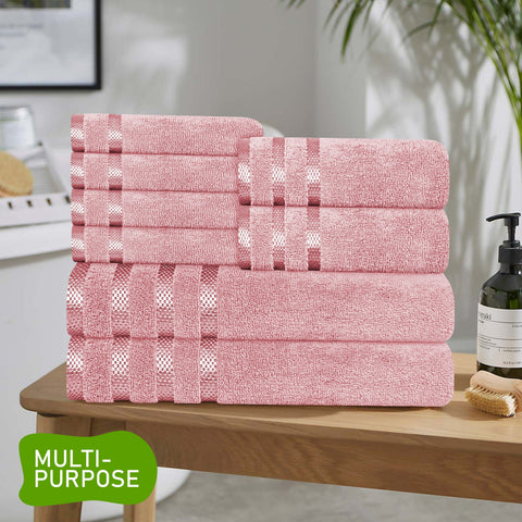 OLIVIA ROCCO Belmont Viscose Stripe Pink Towels 100 Percent Cotton Hotel Quality Super Absorbent 10 Piece Bale Set 4 Hand Towels 12 Face Cloths