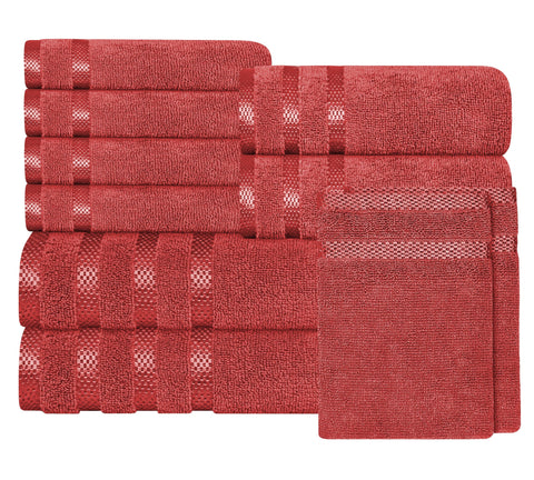 OLIVIA ROCCO Belmont Viscose Stripe Red Towels 100 Percent Cotton Hotel Quality Super Absorbent 10 Piece Bale Set 4 Hand Towel And 12 Face Cloths
