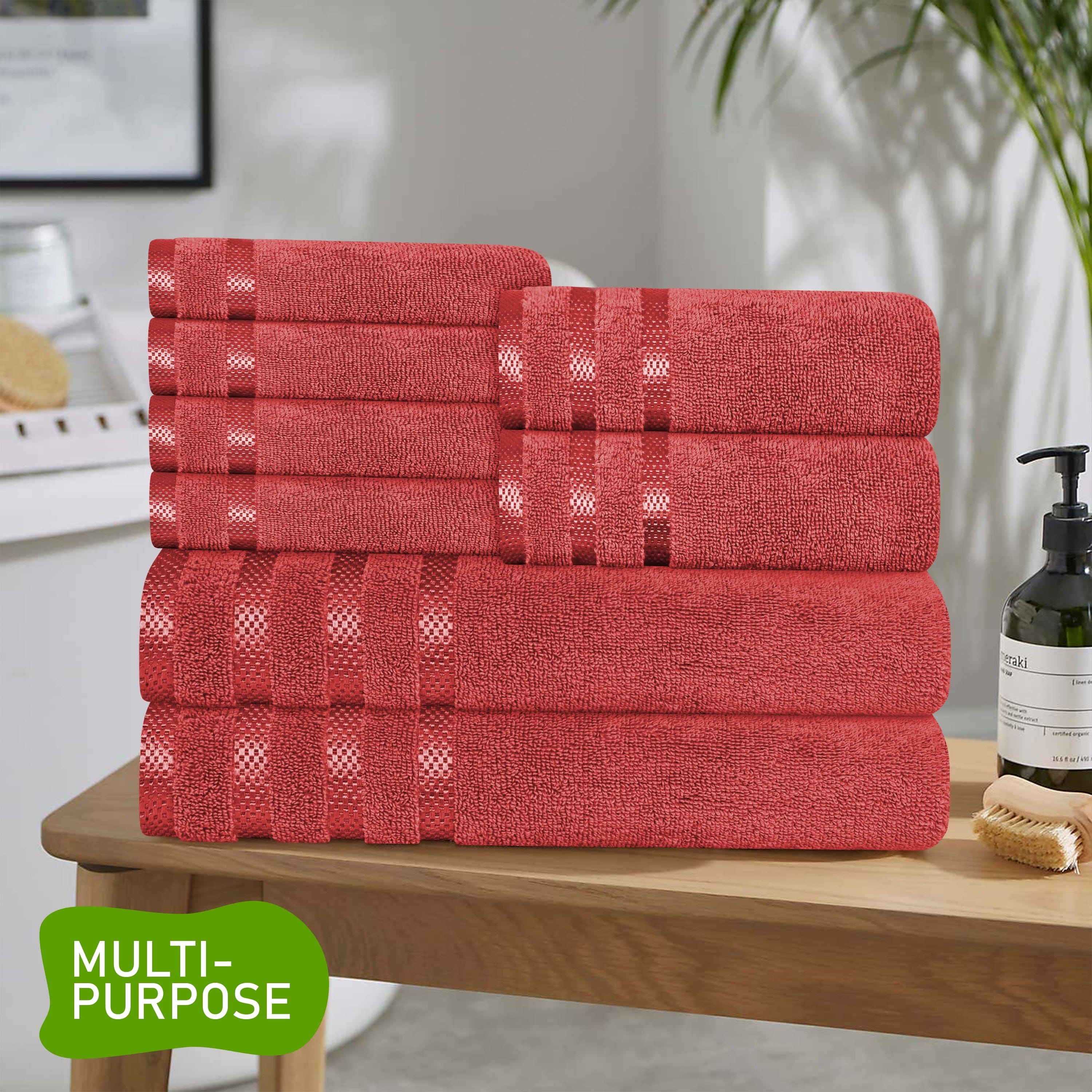 OLIVIA ROCCO Belmont Viscose Stripe Red Towels 100 Percent Cotton Hotel Quality Super Absorbent 10 Piece Bale Set 4 Hand Towel And 12 Face Cloths