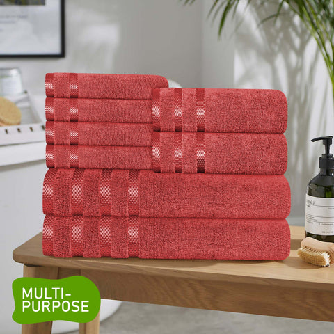 OLIVIA ROCCO Belmont Viscose Stripe Red Towels 100 Percent Cotton Hotel Quality Super Absorbent 10 Piece Bale Set 4 Hand Towel And 12 Face Cloths