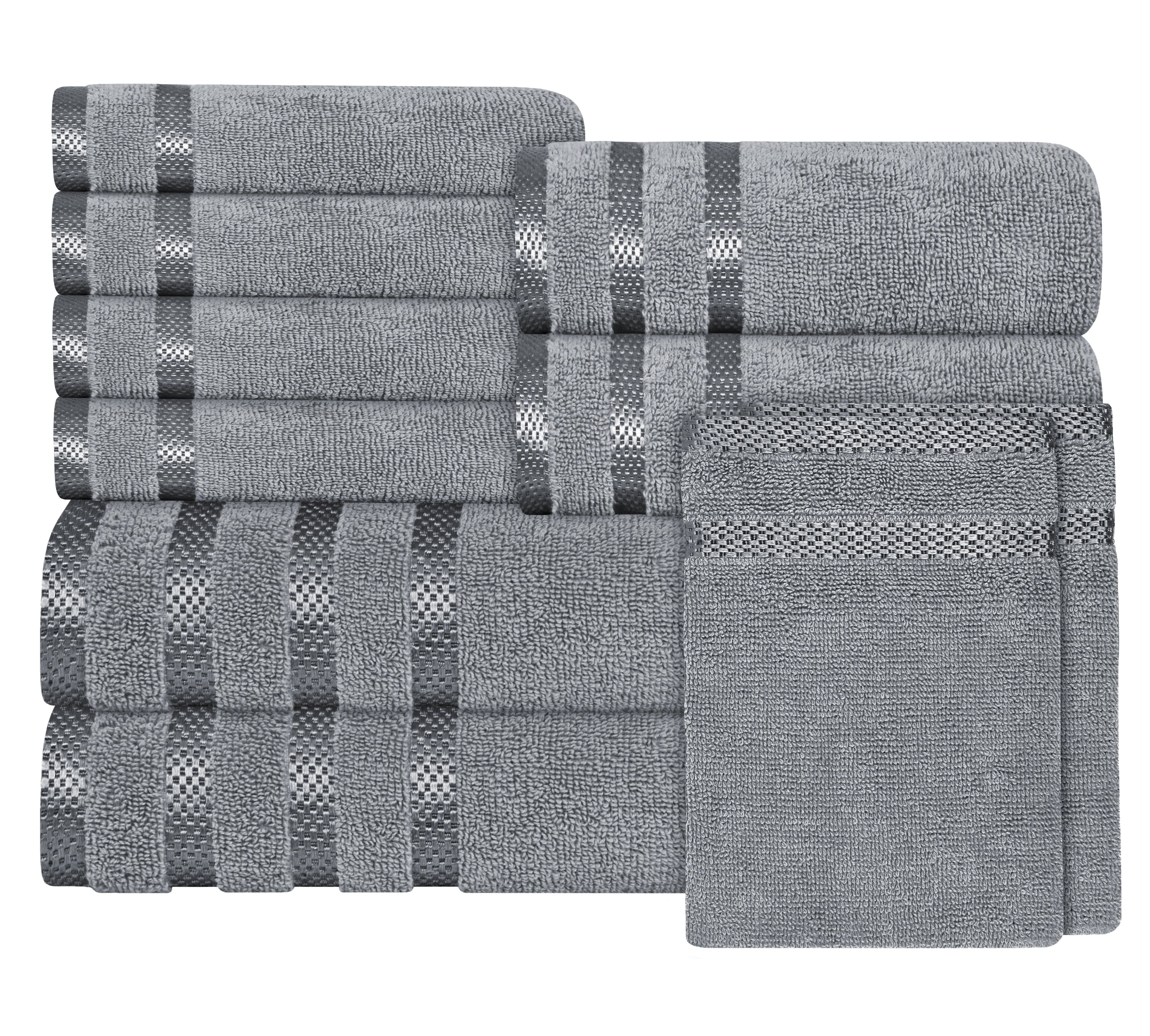 OLIVIA ROCCO Belmont Viscose Stripe Silver Towels 100 Percent Cotton Quality Super Absorbent 10 Piece Bale Set with 4 Hand Towels and 12 Face Cloths