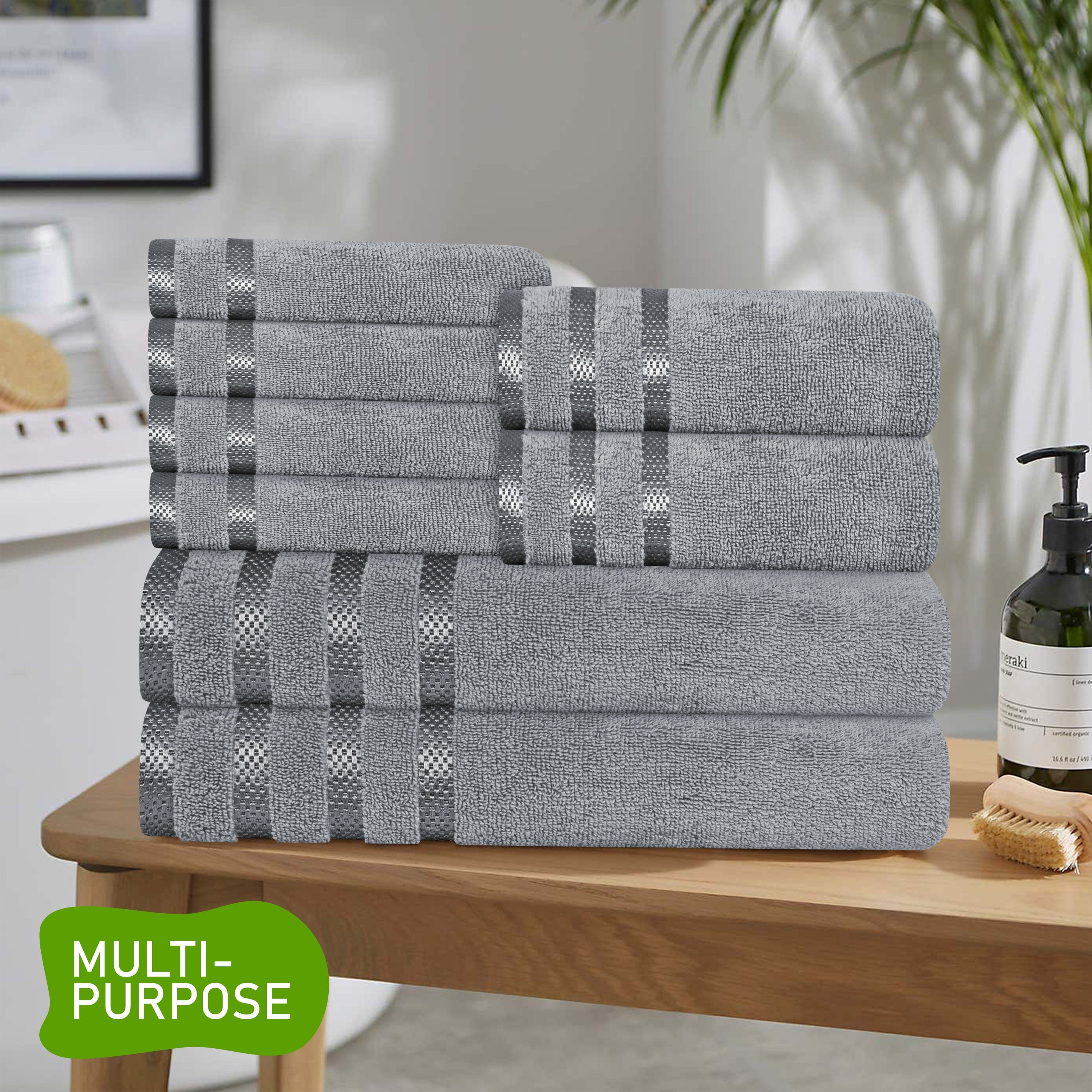 OLIVIA ROCCO Belmont Viscose Stripe Silver Towels 100 Percent Cotton Quality Super Absorbent 10 Piece Bale Set with 4 Hand Towels and 12 Face Cloths