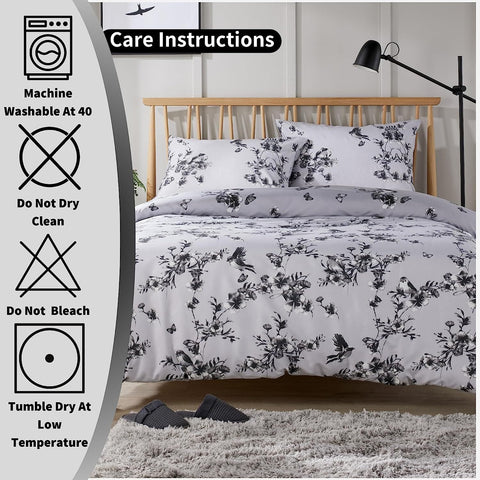 OLIVIA ROCCO Blossom Grey Printed Reversible Duvet Cover Set Quilted Polyester Blend with Button Closure Single Double King Size