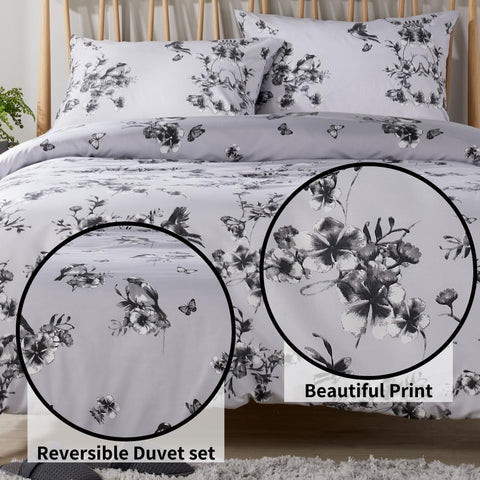 OLIVIA ROCCO Blossom Grey Printed Reversible Duvet Cover Set Quilted Polyester Blend with Button Closure Single Double King Size