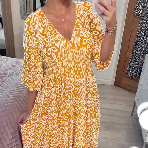New Plus Size Super Fairy V-neck Floral Dress For Beach Vacation, Loose Long Skirt