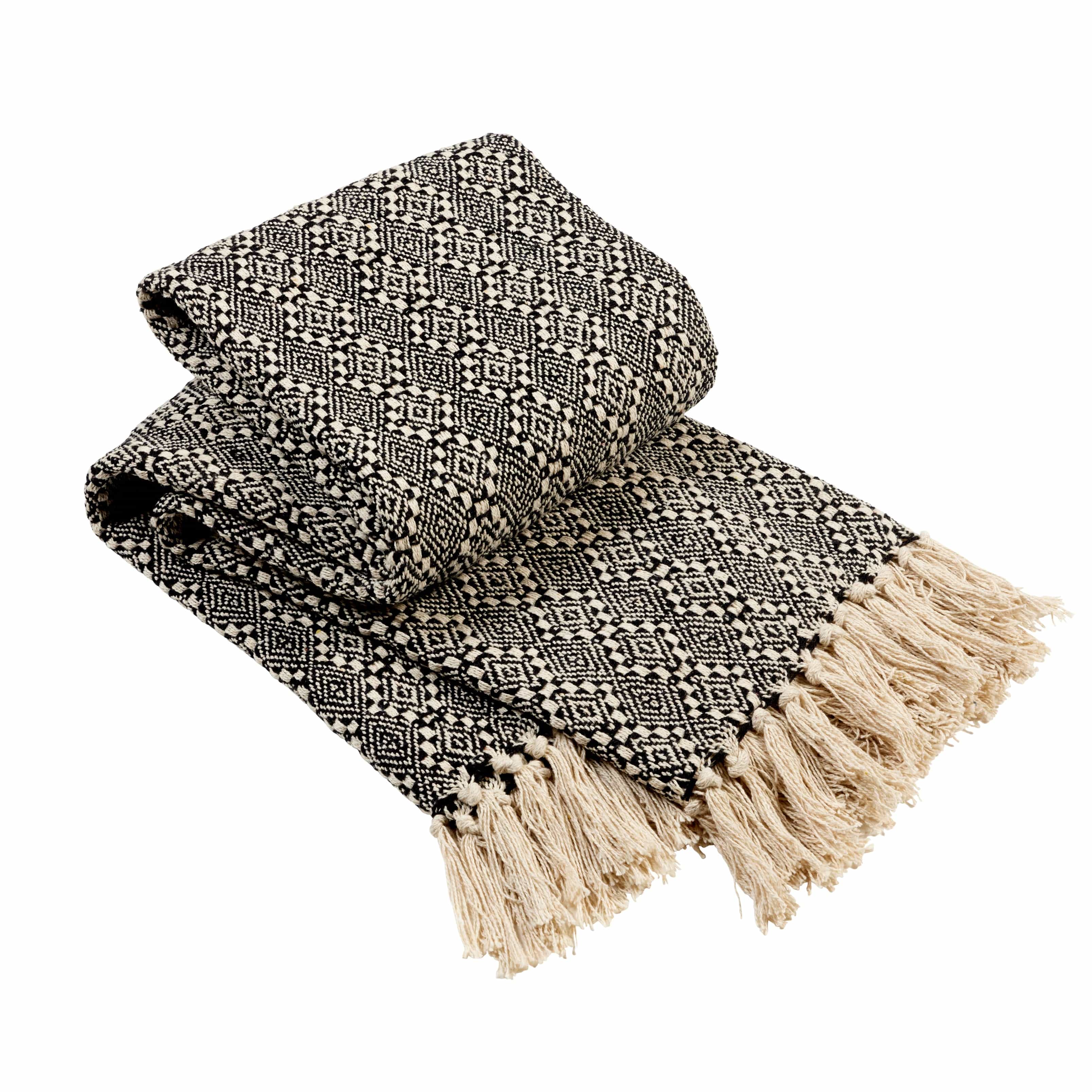 OLIVIA ROCCO Casablanca Check Design Recycled Cotton Throw Blanket With Tassels, Lightweight And Soft For Sofa Bed Or Chair
