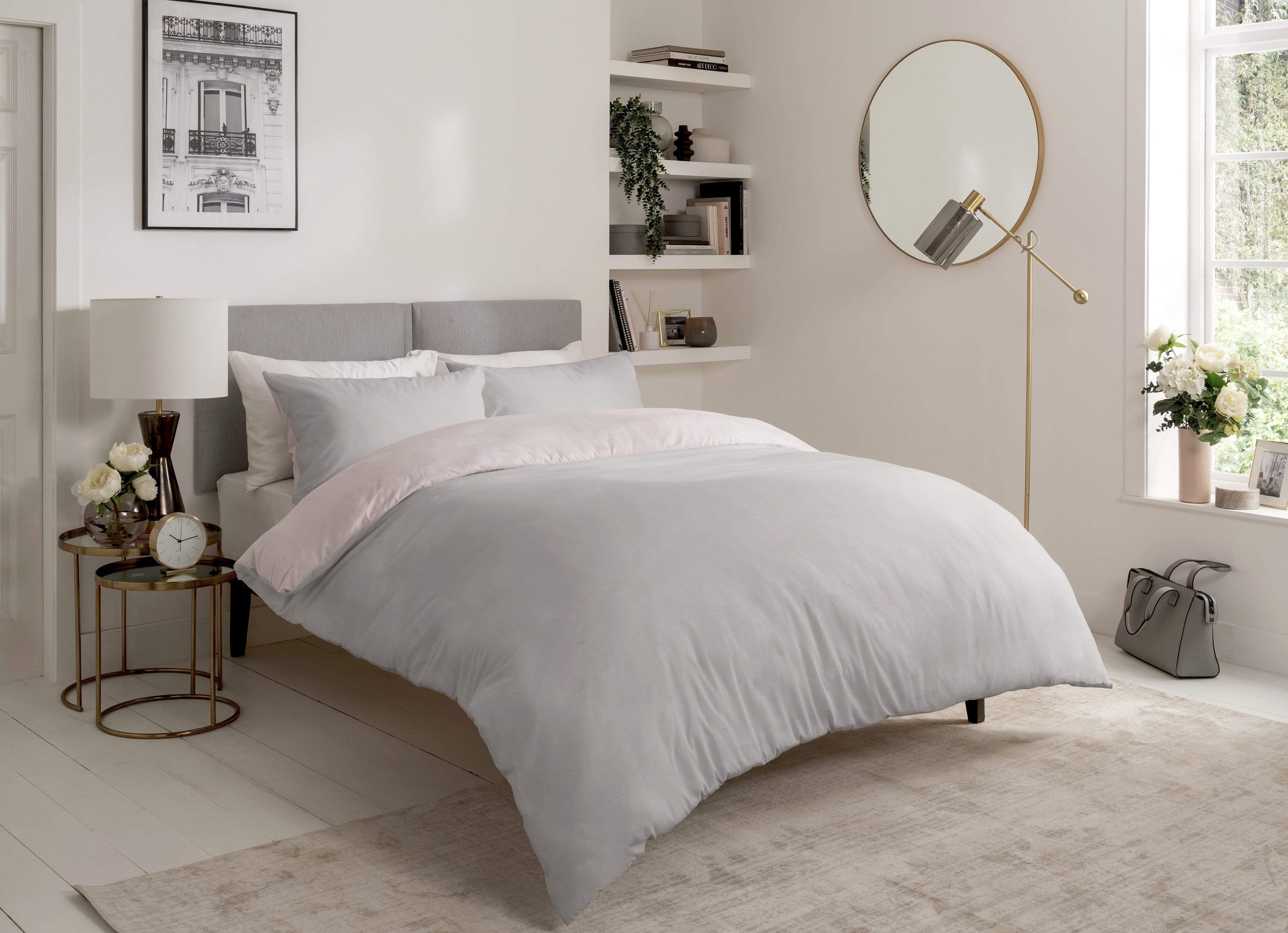 OLIVIA ROCCO Chambray Reversible Duvet Set Cotton Rich Bedding In Grey And Pink Sizes Include Single Double King Soft Cotton Rich Comfort