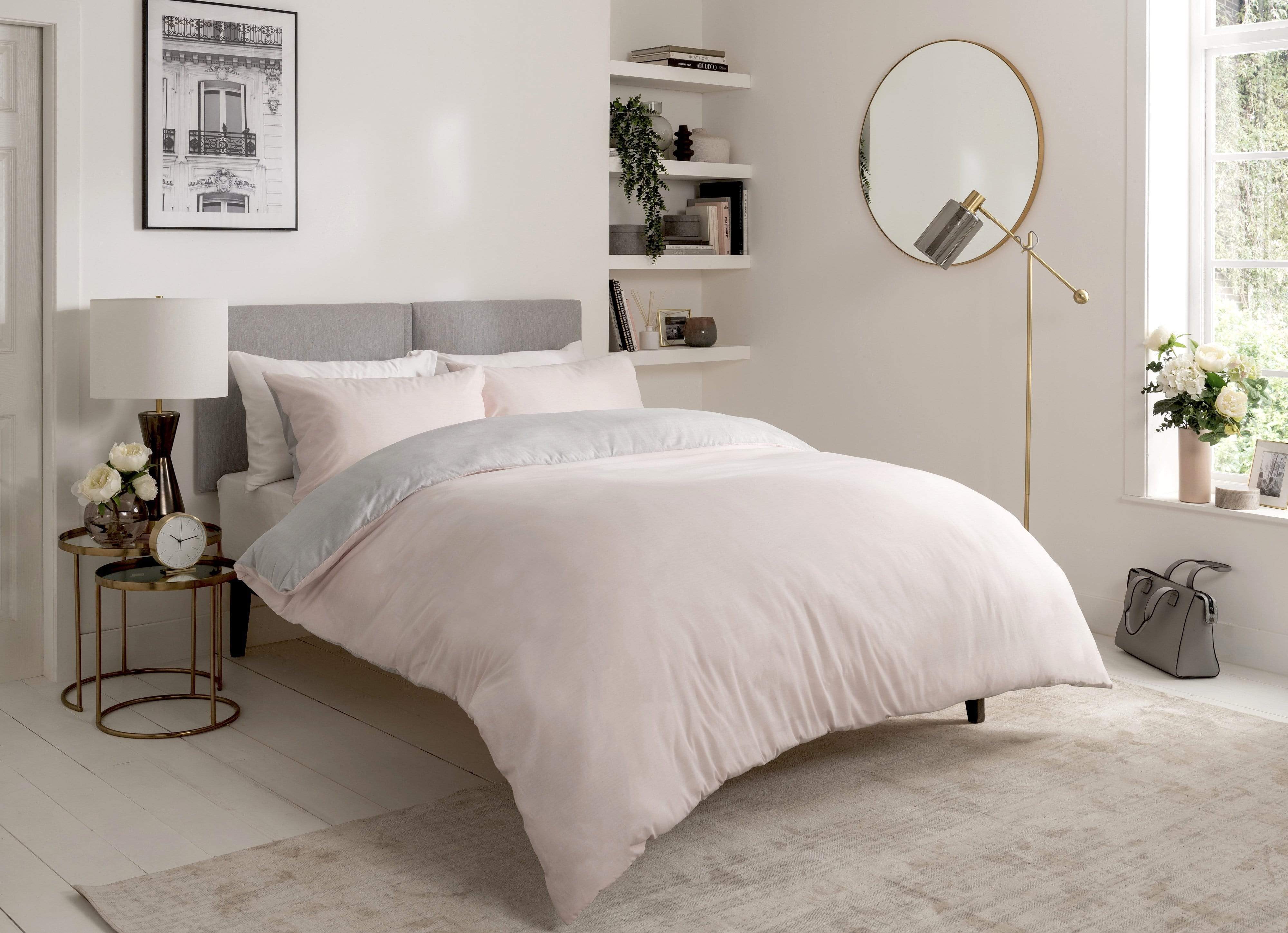 OLIVIA ROCCO Chambray Reversible Duvet Set Cotton Rich Bedding In Grey And Pink Sizes Include Single Double King Soft Cotton Rich Comfort