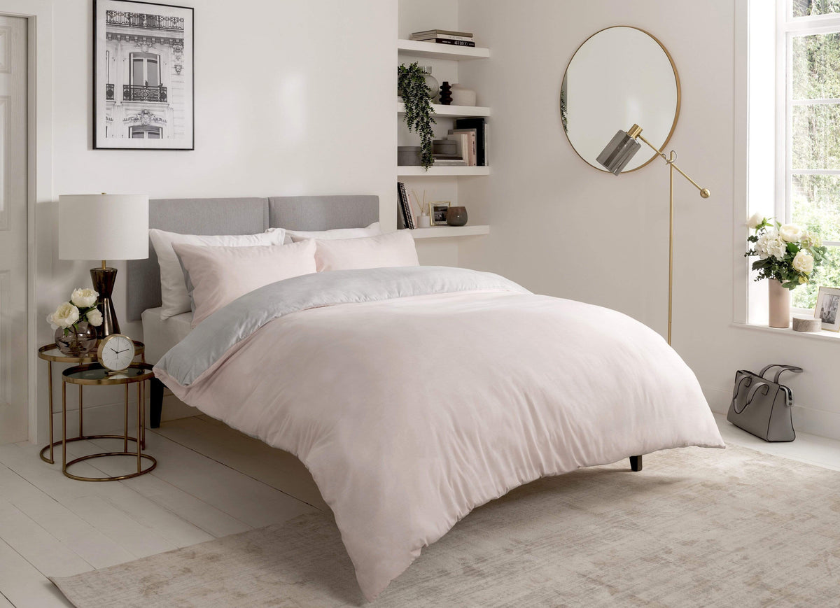OLIVIA ROCCO Chambray Reversible Duvet Set Cotton Rich Bedding In Grey And Pink Sizes Include Single Double King Soft Cotton Rich Comfort