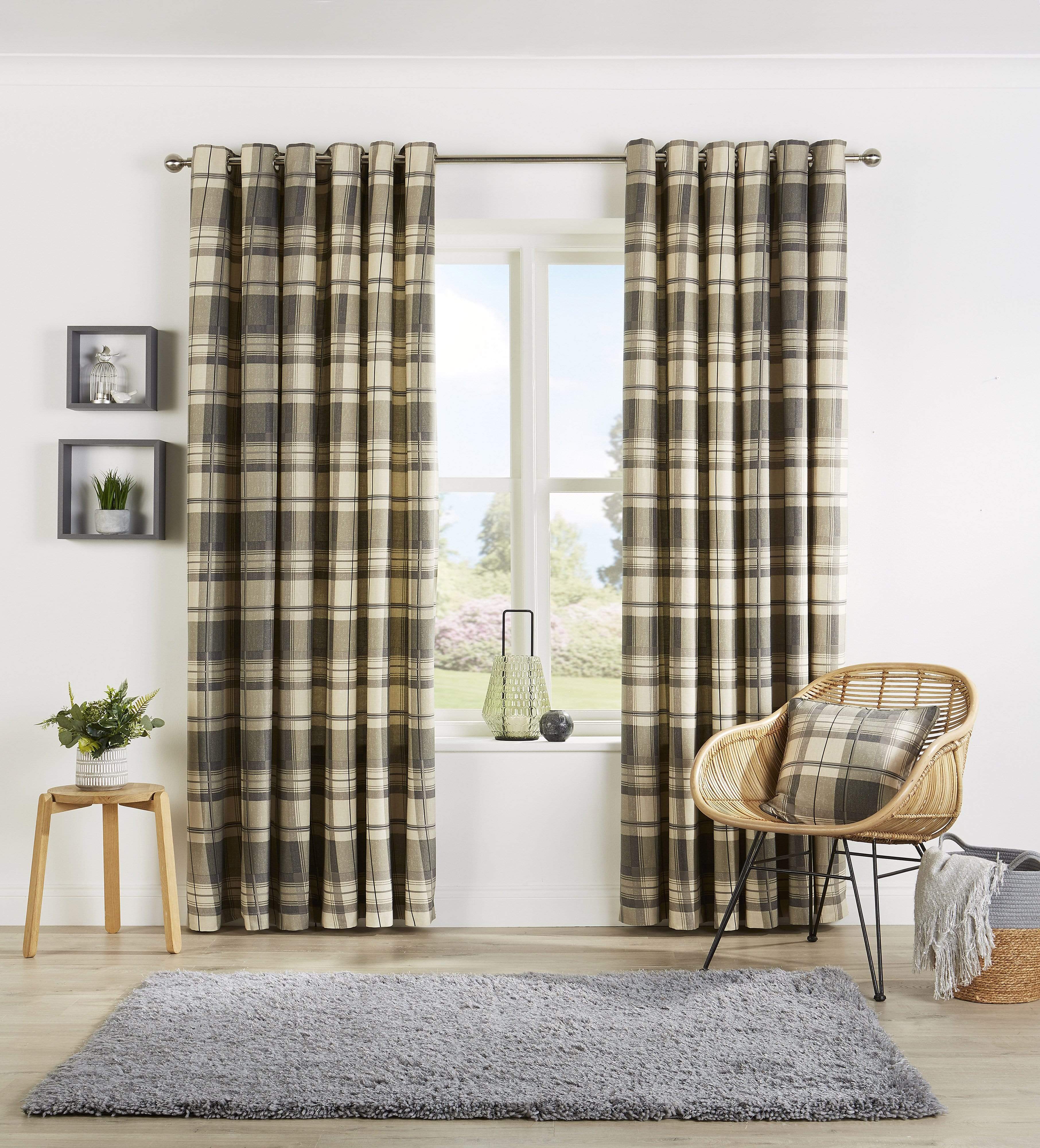 OLIVIA ROCCO Check Pattern Curtains With Matching Cushion Covers Premium Polyester Cotton Blend Eyelet Ring Top Ochre Grey Various Sizes